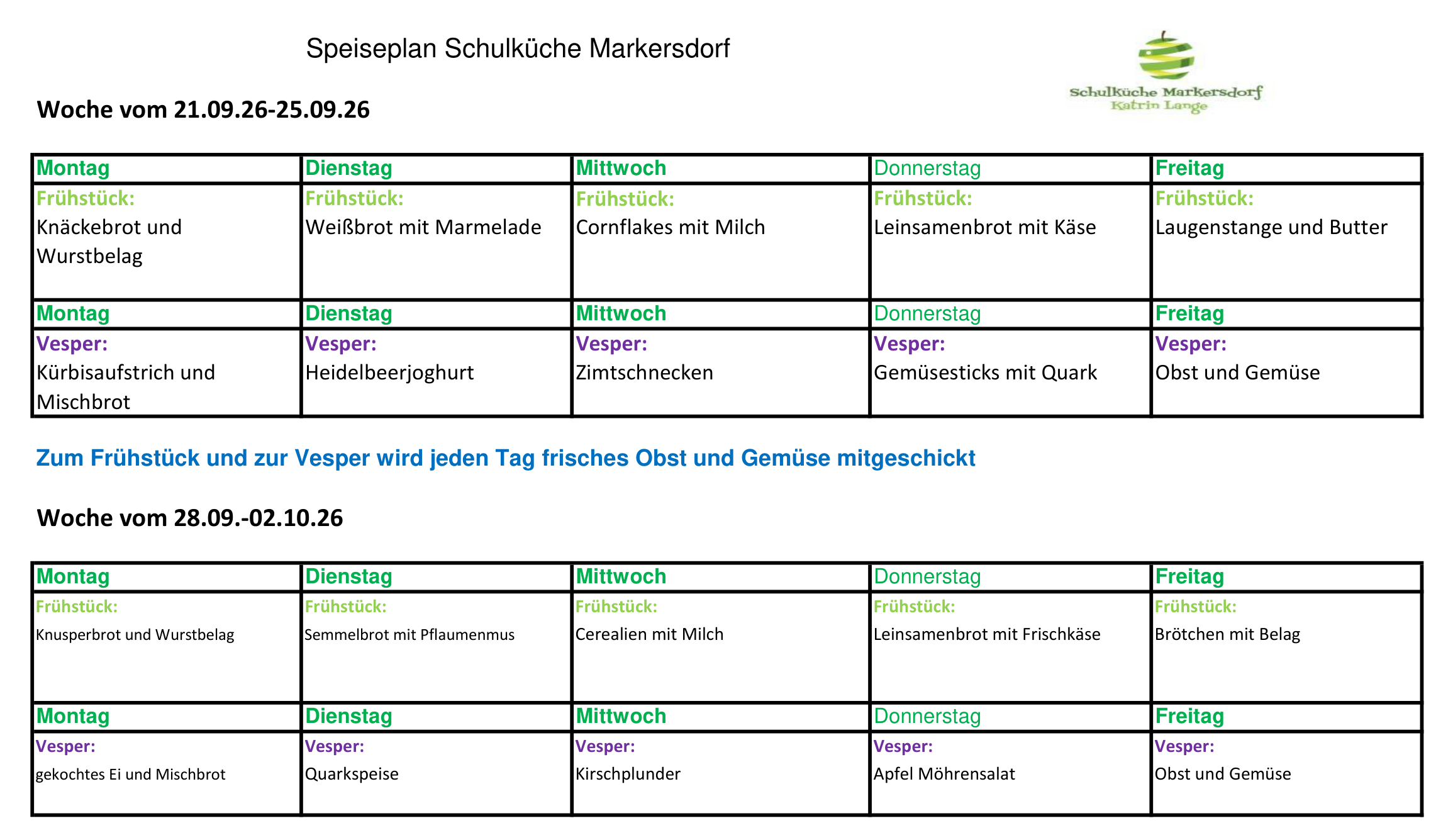 Frühstück- und Vesperplan der KiTa vom 21.09. bis 02.10.2026 der Schulküche Markersdorf