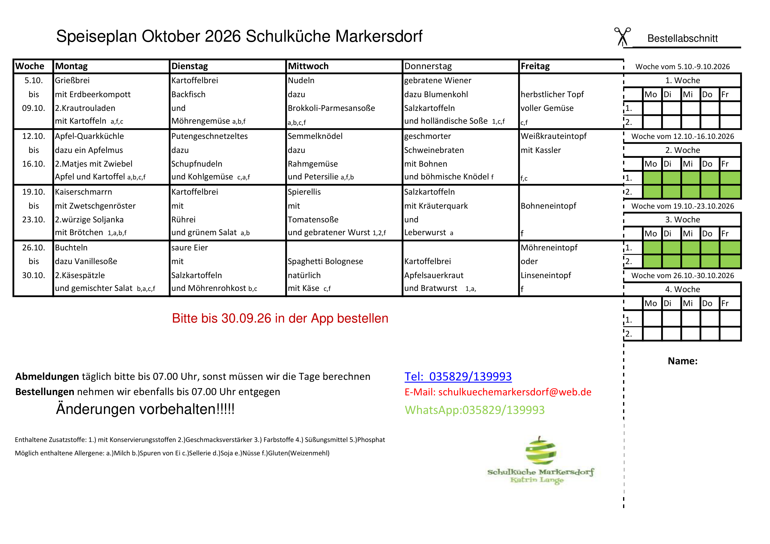 Speiseplan Oktober 2026 der Schulküche Markersdorf